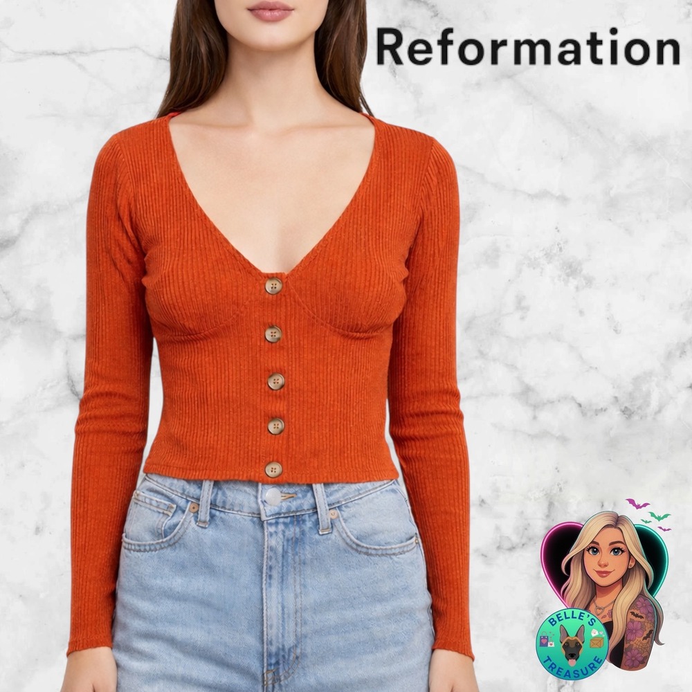 Reformation Women XS Rust Orange Ribbed Knit Button Front V-Neck Top Long Sleeve